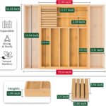 Bamboo Adjustable Expandable 13" 20" Wide Kitchen Utensil Drawer Organizer with 2 Knife Blocks and 7-9 Slots (Natural)