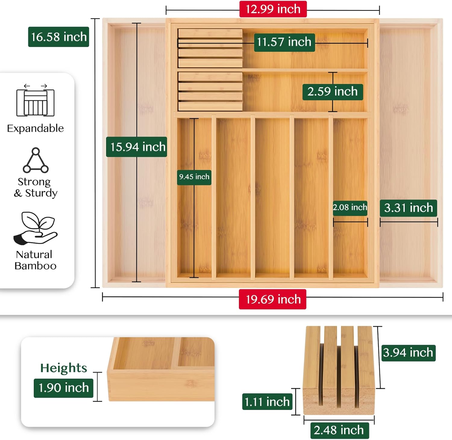 Bamboo Adjustable Expandable 13 20 Wide Kitchen Utensil Drawer Organizer with 2 Knife Blocks and 7 9 Slots Natural01 Bamboo Adjustable Expandable 13" 20" Wide Kitchen Utensil Drawer Organizer with 2 Knife Blocks and 7-9 Slots (Natural) - Image 1