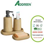 Bamboo Bathroom Accessory Sets 4PCS-Soap Dish Dispenser Tray & Mouthwash Cup (Modern Design) for Home Office Hotel