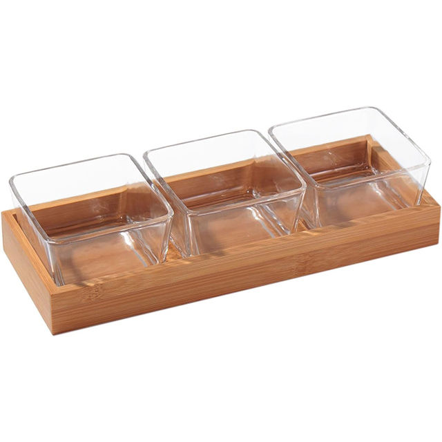 Bamboo Snackle Box Container Two-Piece Modern Design Dishwasher Safe Serving Tray 3 Square Sauce Cups Dip Bowls Small Fruit01 Bamboo Snackle Box Container Two-Piece Modern Design Dishwasher Safe Serving Tray 3 Square Sauce Cups Dip Bowls Small Fruit - Image 1