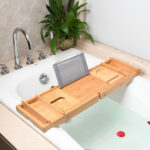 Best Selling Luxury Premium Bamboo Wood Bath Trays with Reading Rack Home Soap Holder Tray Bathtub Caddy Premium Bathroom Sets - Image 3