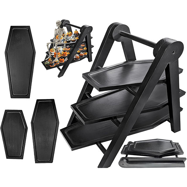 Christmas Party Home Kitchen Living Room Decor 20'' Tall 3-Tier Black Wooden Coffin Shelf Serving Tray Multi-functional Portable01 Christmas Party Home Kitchen Living Room Decor 20'' Tall 3-Tier Black Wooden Coffin Shelf Serving Tray Multi-functional Portable - Image 1