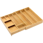 Classically Designed Bamboo Kitchen Drawer Organizer Carved Rectangle Shape Silverware Utensil & Tableware Storage Box