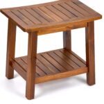 Comfortable Modern Solid Acacia Wood Shower Bench 20" Shower Stool Ottoman Waterproof with Storage Shelf for Bathroom