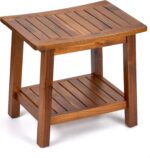 Comfortable Modern Solid Acacia Wood Shower Bench 20" Shower Stool Ottoman Waterproof with Storage Shelf for Bathroom