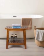 Comfortable Modern Solid Acacia Wood Shower Bench 20" Shower Stool Ottoman Waterproof with Storage Shelf for Bathroom - Image 2
