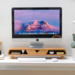 Curved Computer Monitor Elevator Desktop Stand Bamboo Keyboard Storage Bracket for Office Use