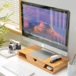 Curved Computer Monitor Elevator Desktop Stand Bamboo Keyboard Storage Bracket for Office Use - Image 2