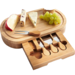 Customizable Mini Oval Bamboo Cheese Board Hidden Cutlery Drawer 4-Piece Wood Platter for Cheese Pizza Kitchenware Accessory