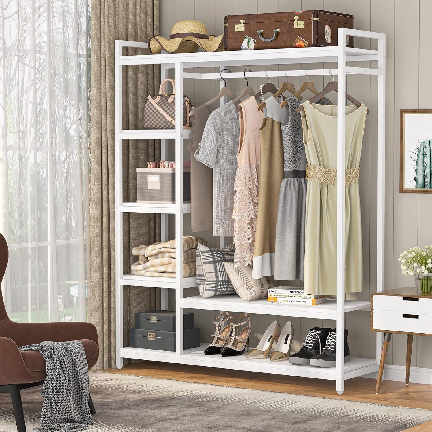 Free Standing Modern Bamboo Heavy Duty Garment Rack with 7 Shelves & 6 Hooks for Home Bedroom Wardrobe Closet Organizer01 Free Standing Modern Bamboo Heavy Duty Garment Rack with 7 Shelves & 6 Hooks for Home Bedroom Wardrobe Closet Organizer - Image 1