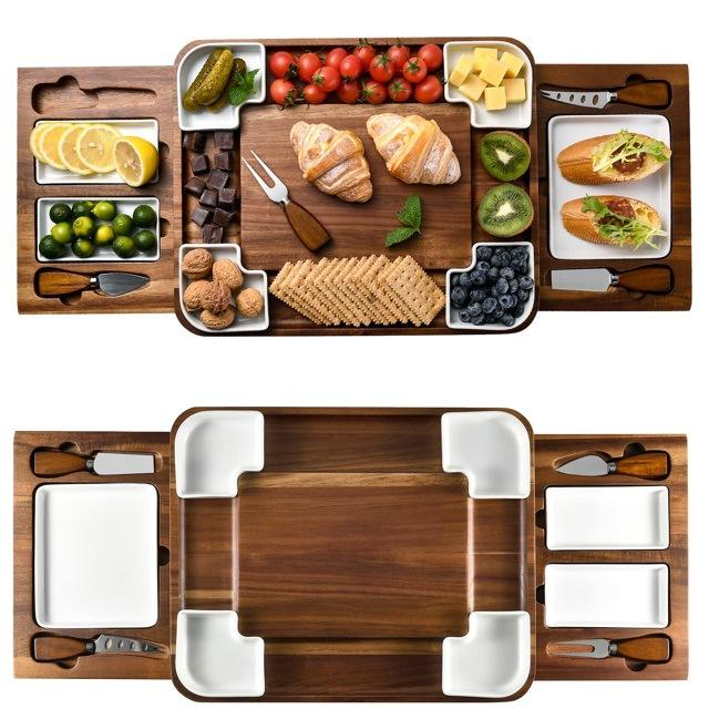 Handmade Acacia Wood Cheese Board Afternoon Tea Snack Box with Fruit Plate Custom Size Chopping Blocks for Serving Food Deli Set01 Handmade Acacia Wood Cheese Board Afternoon Tea Snack Box with Fruit Plate Custom Size Chopping Blocks for Serving Food Deli Set - Image 1