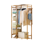 Heavy-Duty Portable 5-Tier Bamboo Clothing Rack Living Room Suitable Wardrobe Closet Organizer Side Hooks for Garments Coat