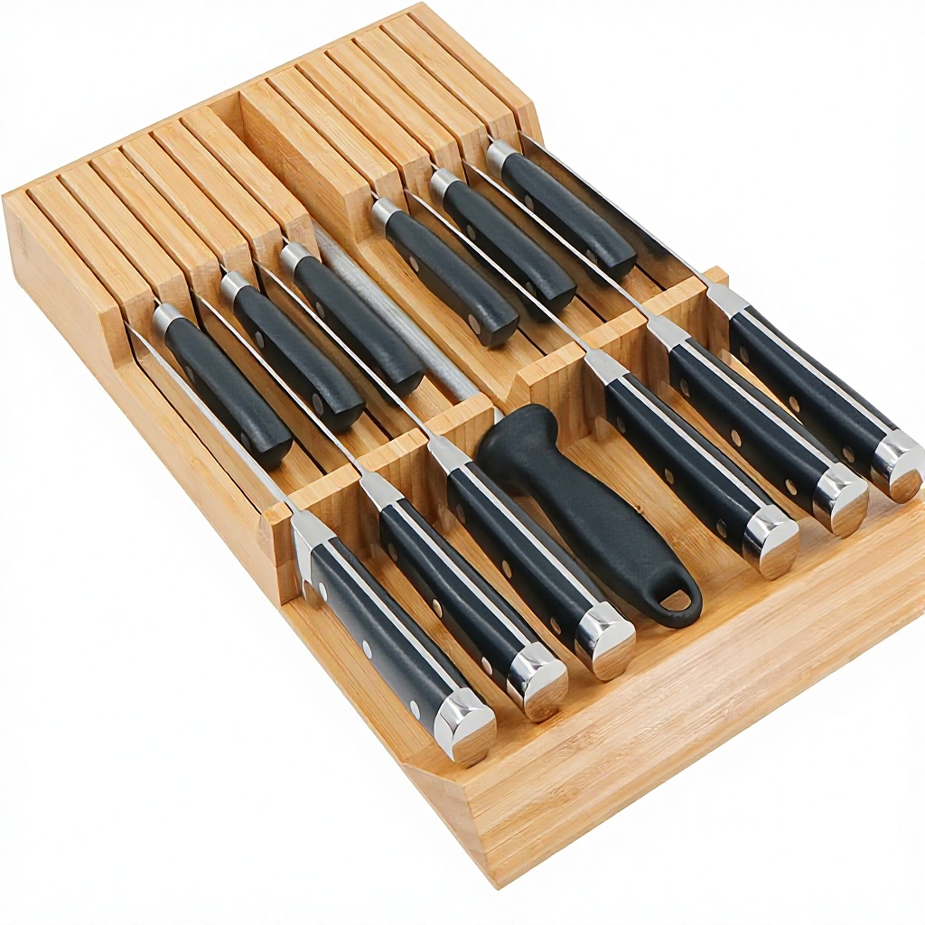 In-Drawer Bamboo Knife Block Organizer Handle Holds 12 Knives 1 Sharpening Steel (Knives Not Included) Kitchen Accessories01 In-Drawer Bamboo Knife Block Organizer Handle Holds 12 Knives 1 Sharpening Steel (Knives Not Included) Kitchen Accessories - Image 1