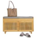 Modern 2-Tier Bamboo Entryway Bench with 2 Doors Padded Seat Cushion 2-Tier Shoe Rack Cabinet Organizer for Living Room Storage