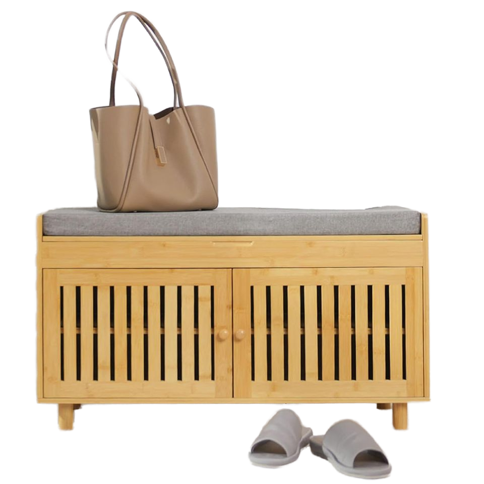 Modern 2-Tier Bamboo Entryway Bench with 2 Doors Padded Seat Cushion 2-Tier Shoe Rack Cabinet Organizer for Living Room Storage01 Modern 2-Tier Bamboo Entryway Bench with 2 Doors Padded Seat Cushion 2-Tier Shoe Rack Cabinet Organizer for Living Room Storage - Image 1