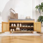 Modern 2-Tier Bamboo Entryway Bench with 2 Doors Padded Seat Cushion 2-Tier Shoe Rack Cabinet Organizer for Living Room Storage - Image 3