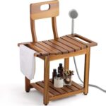 Modern Custom Bath Shower Chair Non-Slip Bamboo Wood Built-In Handles Handmade Capacity Lower Shelf for Elderly Shower Bench