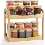 Modern Double Bamboo Sustainable Spice Rack Organizer Cabinet Dinnerware Storage Countertop Shelf Corner Pantry Shelves Kitchen