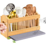 Modern Eco-Friendly Bamboo Non-Folding Kitchen Tableware Stand Multifunction 6-Compartment Cutlery Storage Rack Customizable