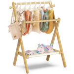 Modern Mini Eco-friendly Foldable Bamboo Closet Rack with Double Rods & Shelf for Baby Clothing Living Room Home Furniture