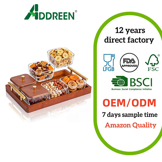 Modern Rectangular Wood Snackle Box with Gold Handles Divided Compartments Lids for Dry Fruit Candy Condiments-Home Tray01 Modern Rectangular Wood Snackle Box with Gold Handles Divided Compartments Lids for Dry Fruit Candy Condiments-Home Tray - Image 1