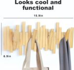 Modern Unique Bamboo Multi Hook Coat Rack Space-Saving 4 Flip-Down Hooks for Hanging Coats & Clothes - Image 2