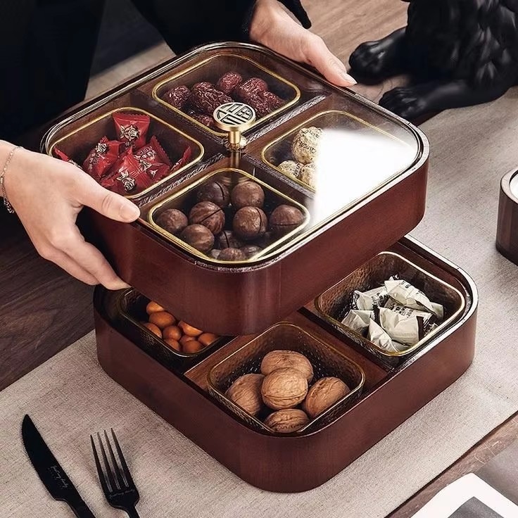 Modern Wooden Chocolate Serving Box with Two-Layer Brass Lid Metal Handicraft Sweet Organizer for Wedding Eid & Ramadan Gifts01 Modern Wooden Chocolate Serving Box with Two-Layer Brass Lid Metal Handicraft Sweet Organizer for Wedding Eid & Ramadan Gifts - Image 1