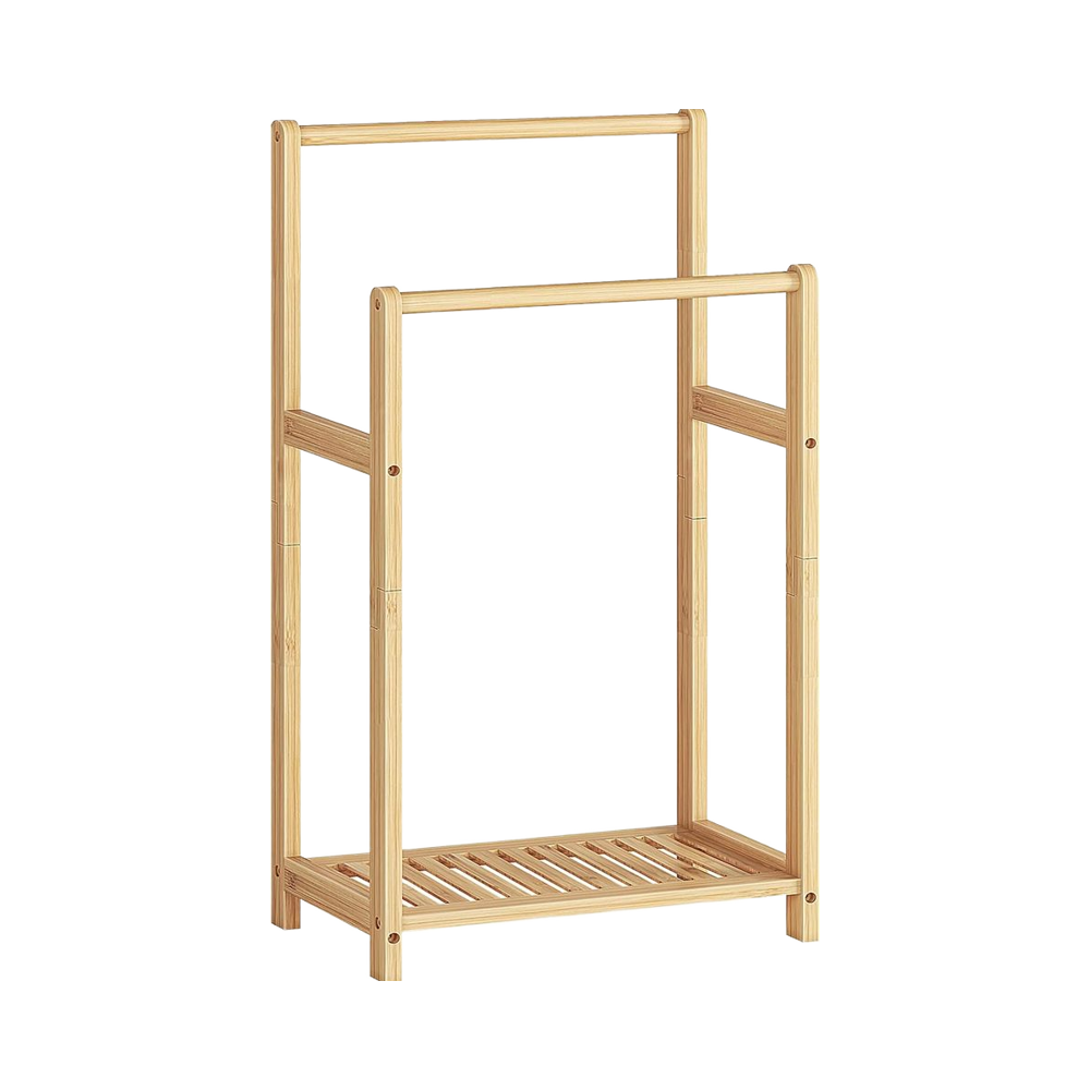 Natural Bamboo 2-Tier Quilt Display Stand Freestanding Towel Blanket Rack for Bedroom Storage Holders & Racks01 Natural Bamboo 2-Tier Quilt Display Stand Freestanding Towel Blanket Rack for Bedroom Storage Holders & Racks - Image 1