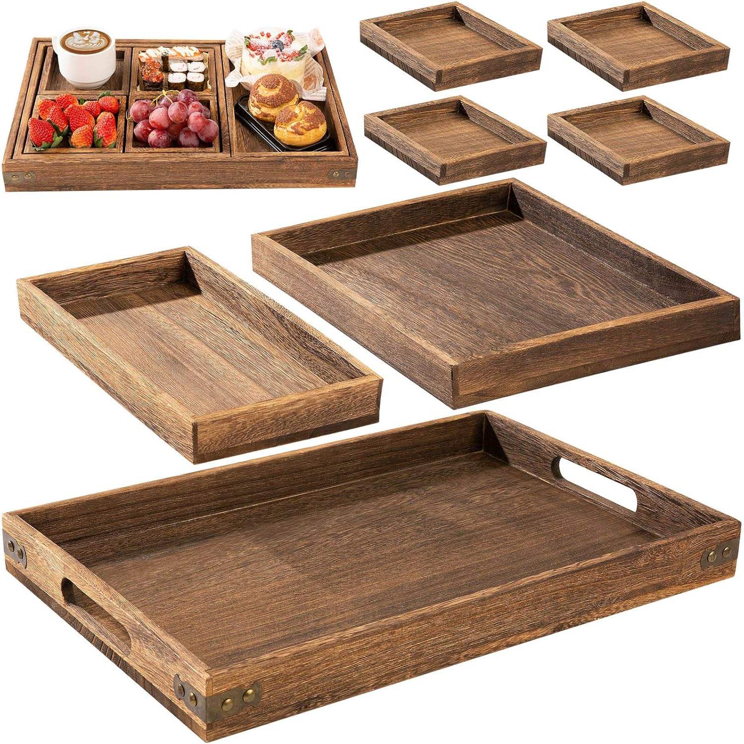 Set of 7 Rustic Wooden Serving Trays with Handle Rectangular Platters for Kitchen Entertaining-Breakfast Coffee Table Wood Tray01 Set of 7 Rustic Wooden Serving Trays with Handle Rectangular Platters for Kitchen Entertaining-Breakfast Coffee Table Wood Tray - Image 1