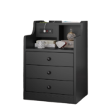 Smart 3-Drawer Black Nightstand with Charging Station Wood Sofa End Side Table Bedside USB Ports for Apartment Bedroom