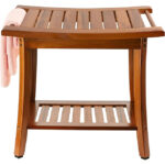 Solid Wood Teak Shower Bench Seat Handles Portable Spa 2 Shelves Storage Towel Shelf Modern Simple Indoor Outdoor 22x13x18.6