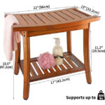 Solid Wood Teak Shower Bench Seat Handles Portable Spa 2 Shelves Storage Towel Shelf Modern Simple Indoor Outdoor 22x13x18.6 - Image 2