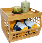 Stylish Bamboo Classic 2-Layer Storage Bin Lattice Open Front Multipurpose Stackable Serving Tray Lid Kitchen Pantry 3-6L - Image 2
