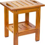 Teak Wood Modern Compact Shower Stool Bench with Shelf and Handle Non-Slip Feet 1-Tier for Bathroom Bathtub Outdoor Use