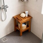 Teak Wood Modern Compact Shower Stool Bench with Shelf and Handle Non-Slip Feet 1-Tier for Bathroom Bathtub Outdoor Use - Image 3