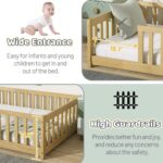 Twin Size Montessori Bed Frame with Safety Guardrails Kids Rubber Wood Slats for Girls and Boys Bedroom No Box Spring Needed - Image 3