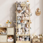 Wooden Folding Floor Type Three-layer Large Vertical Simple Cartoon Style Sustainable Customized Size Doll Storage Rack for