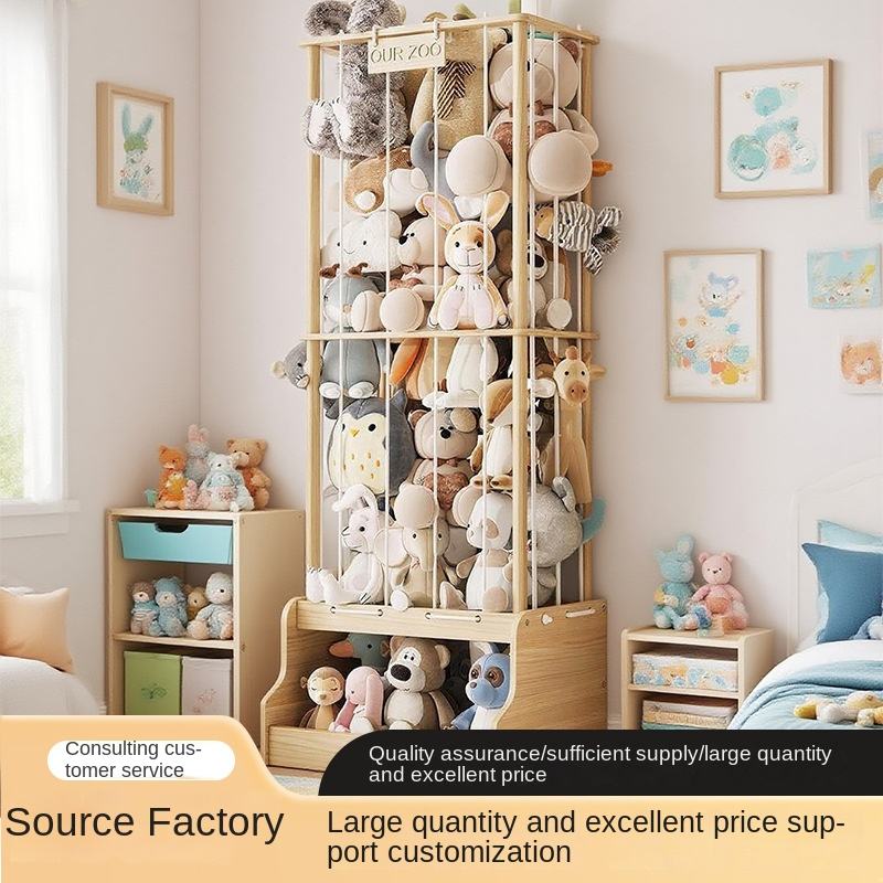 Wooden Folding Floor Type Three-layer Large Vertical Simple Cartoon Style Sustainable Customized Size Doll Storage Rack for - Image 2
