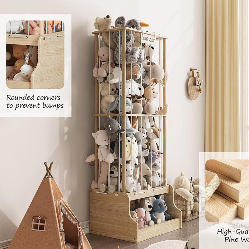 Wooden Folding Floor Type Three-layer Large Vertical Simple Cartoon Style Sustainable Customized Size Doll Storage Rack for - Image 3