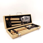5-Piece Eco-friendly Stainless Steel BBQ Grill Set with Bamboo Wooden Handles and Wood Case-Easily Cleaned BBQ Tools