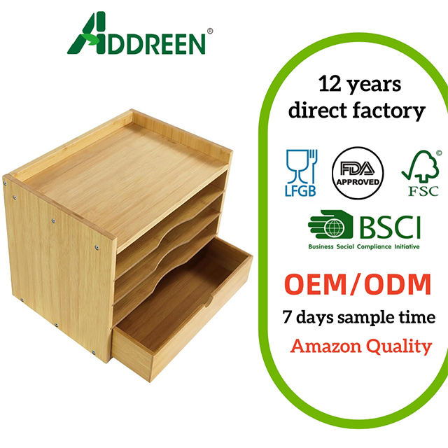 5-Tier Bamboo Desk Organizer with Drawer File & Document Holder Shelf for Home Office School Supplies (Natural)01 5-Tier Bamboo Desk Organizer with Drawer File & Document Holder Shelf for Home Office School Supplies (Natural) - Image 1