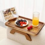 Acacia Wood Modern-Style Multi-functional Sofa Arm Clip Tray Table with 360 Rotated Phone Holder 15.36x9.85 Inches