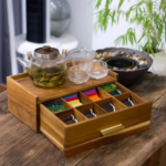 Acacia Wood Square 2-Layer Tea Bag Organizer Box with Brass Handle Sustainable & Durable 8 Compartments for Home Commercial Use