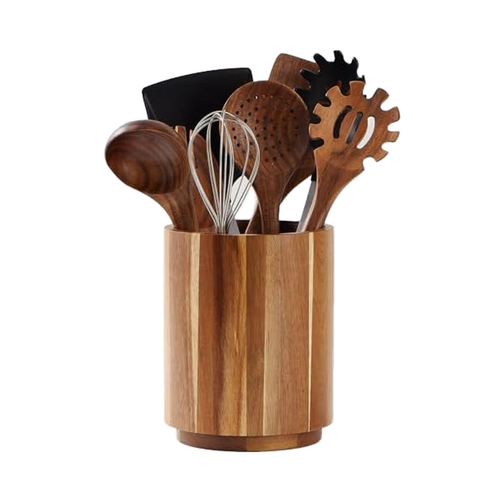 Acacia Wood Utensil Holder 360° Rotating Kitchen Counter Farmhouse Decor Wooden Cooking Utensil Crock for Pots Standing Type - Image 1