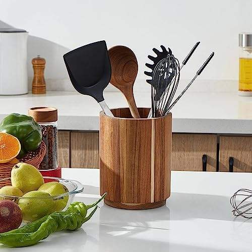 Acacia Wood Utensil Holder 360° Rotating Kitchen Counter Farmhouse Decor Wooden Cooking Utensil Crock for Pots Standing Type - Image 3