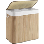 Addreen 150L White Bamboo Laundry Hamper 3-Section Rectangle Basket Lid Simple Modern Design Multi-functional Save Space