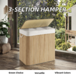 Addreen 150L White Bamboo Laundry Hamper 3-Section Rectangle Basket Lid Simple Modern Design Multi-functional Save Space - Image 2