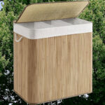 Addreen 150L White Bamboo Laundry Hamper 3-Section Rectangle Basket Lid Simple Modern Design Multi-functional Save Space - Image 3