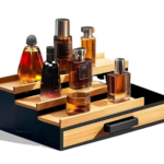 Addreen 3-Tier Bamboo Wooden Perfume Display Stand Modern Rectangular Wedding Cologne Organizer Felt Lining Drawers for Storage