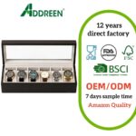 Addreen 6 Slot Watch Box for Men, Solid Espresso Wood Watch Display Case with Glass Top, Luxury Watch Organizer Storage Box